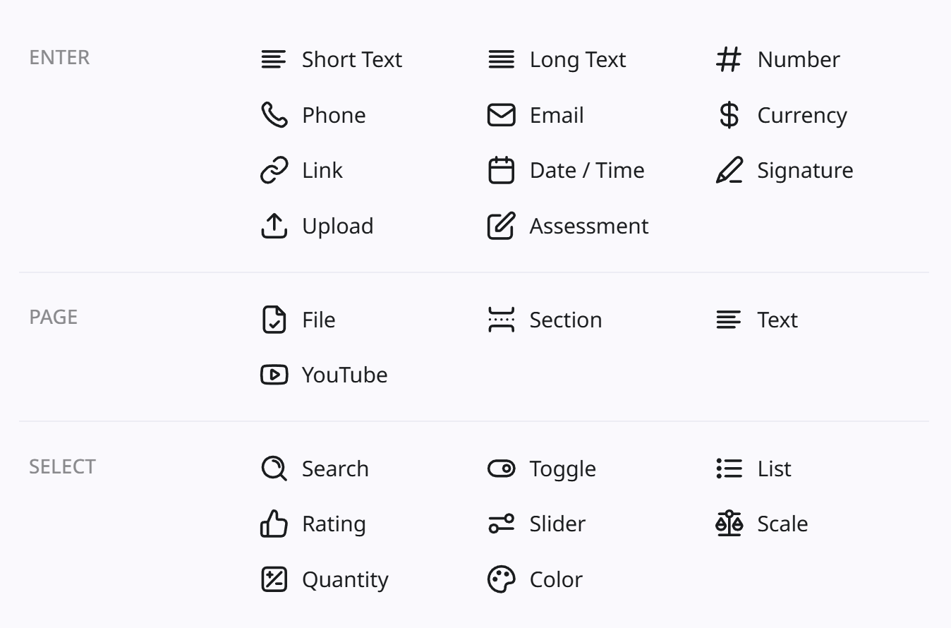 Screenshot of input types