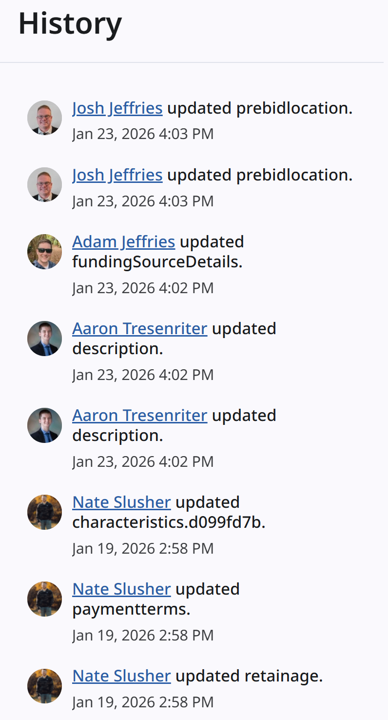 Screenshot of history view