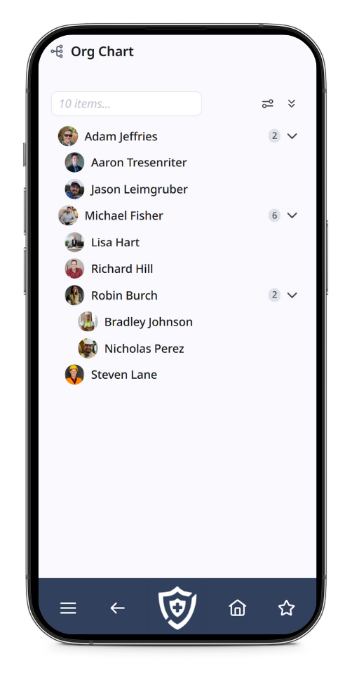 Screenshot of company org chart on mobile device