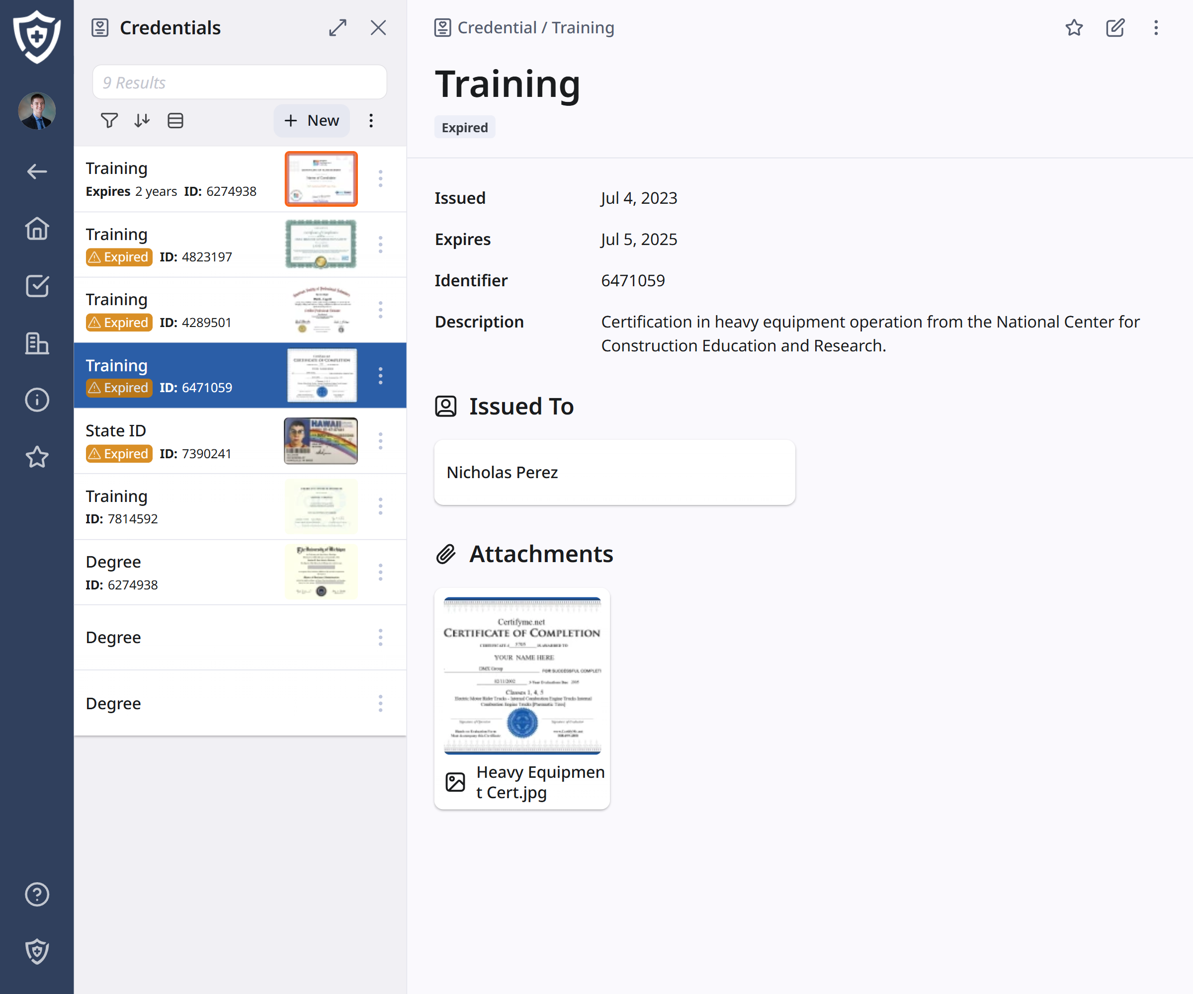 Screenshot of credentials page