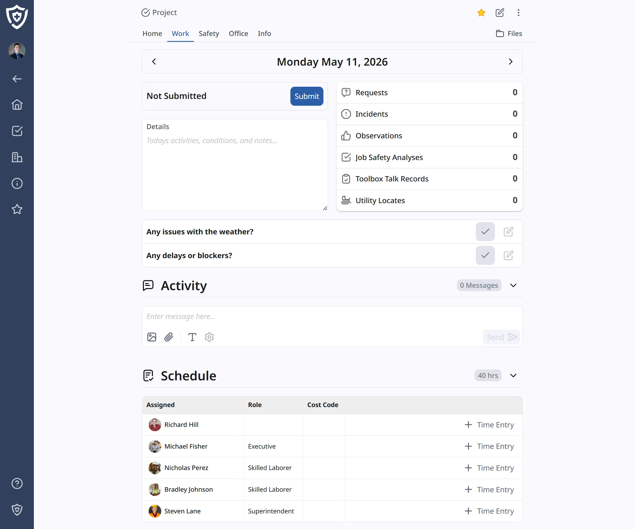 Screenshot of daily log submission