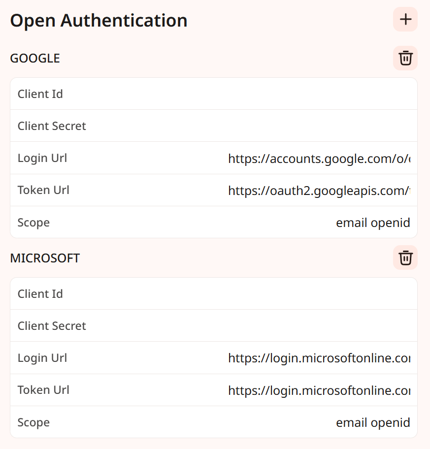 Screenshot of open authentication section in config