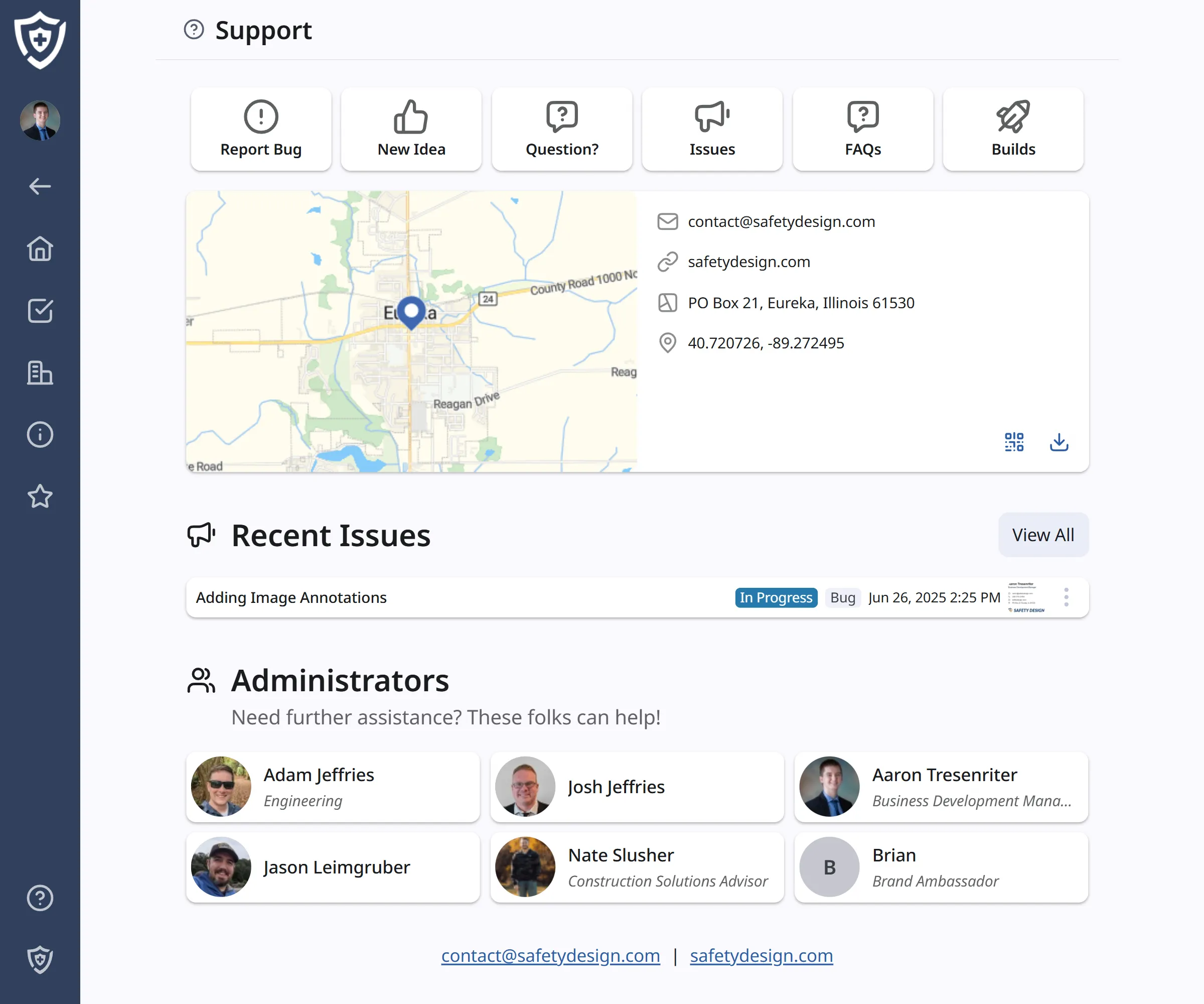Screenshot of Support page in app