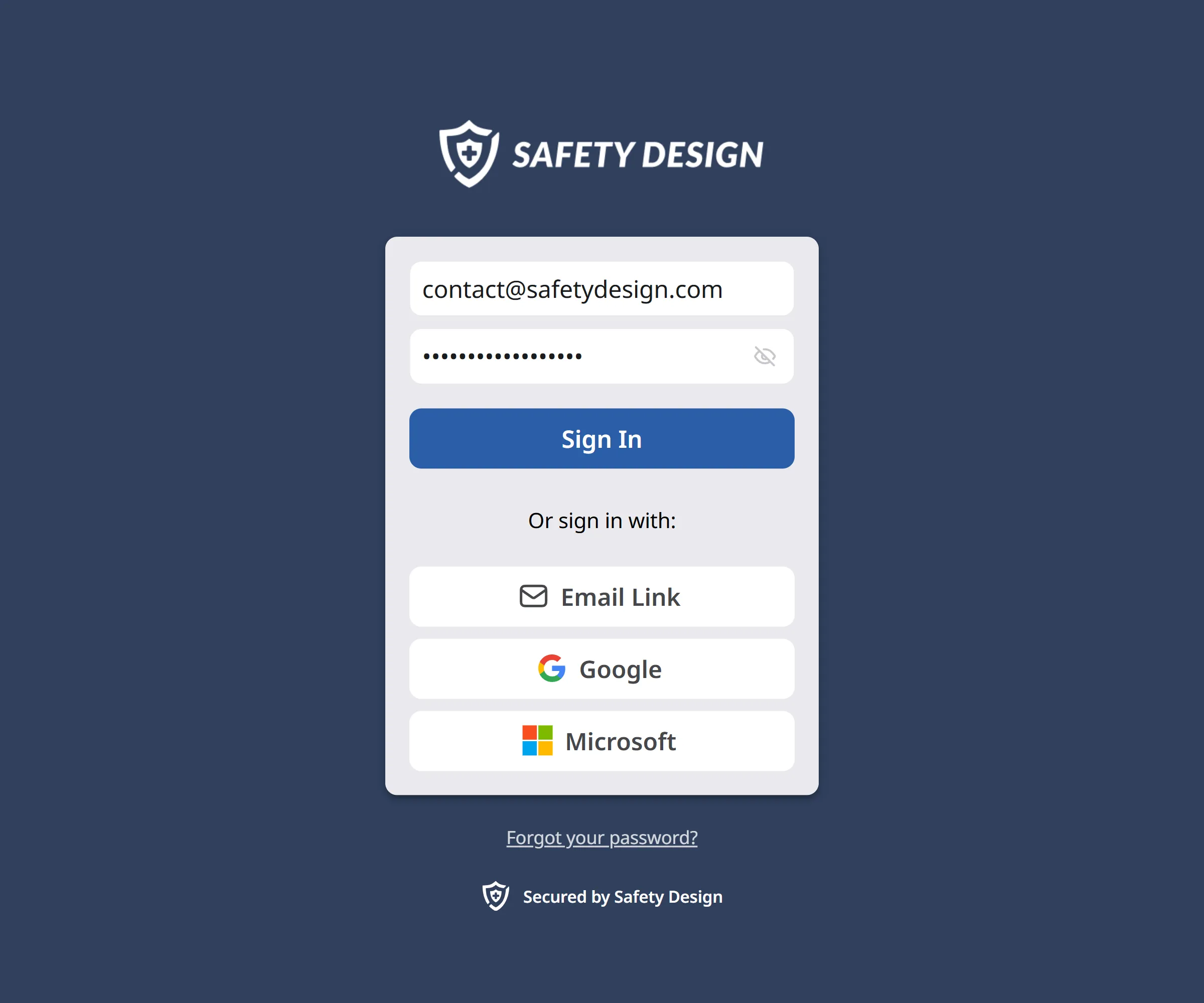 Screenshot of login page