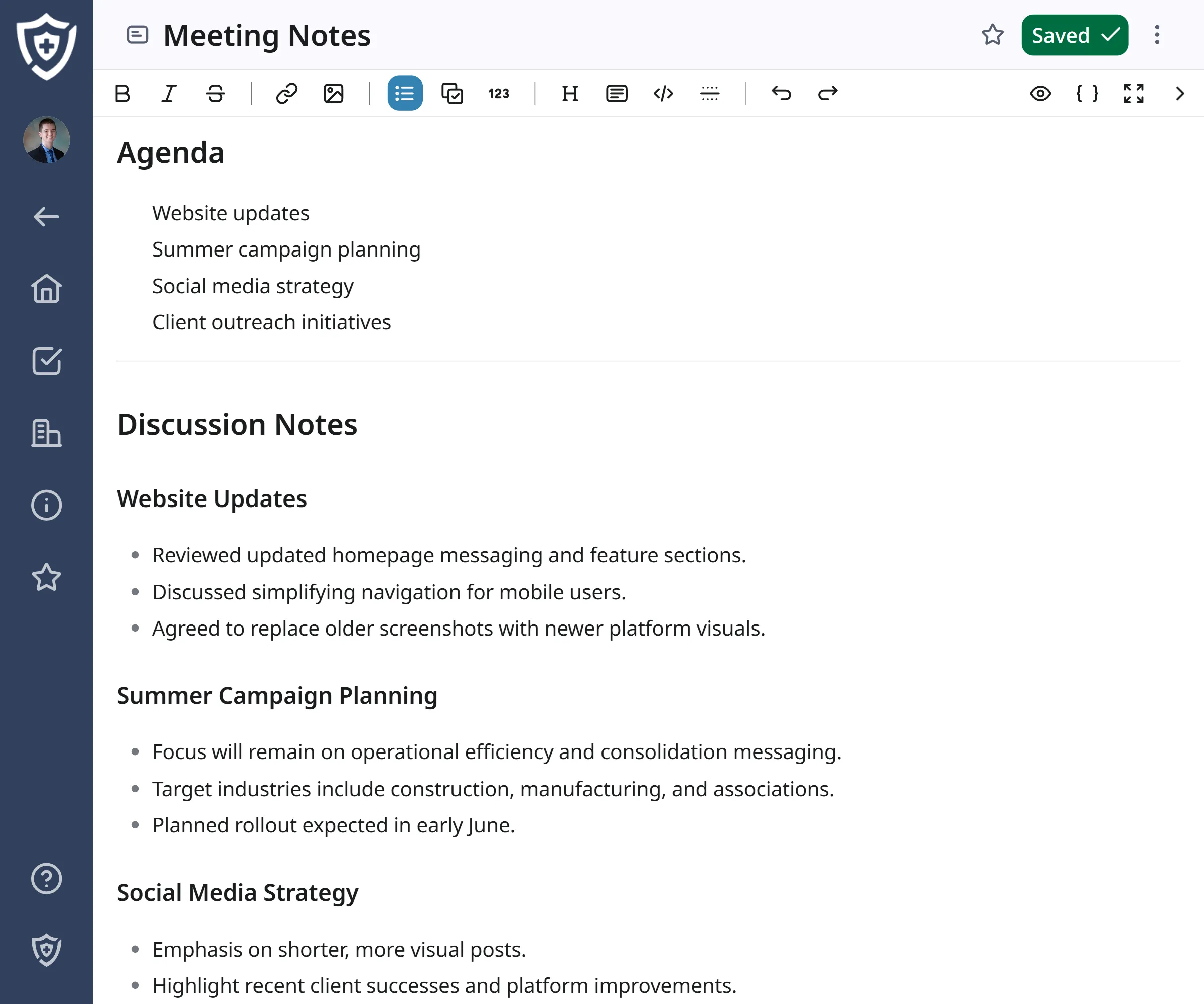 Screenshot of notes edit view