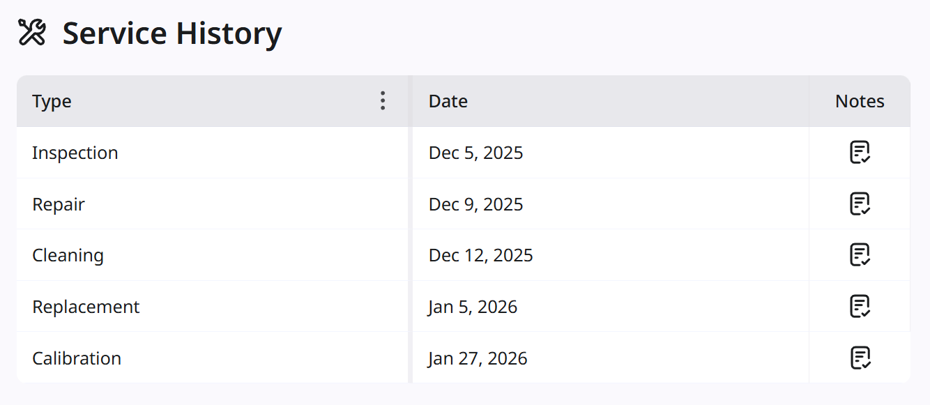 Screenshot of asset service history