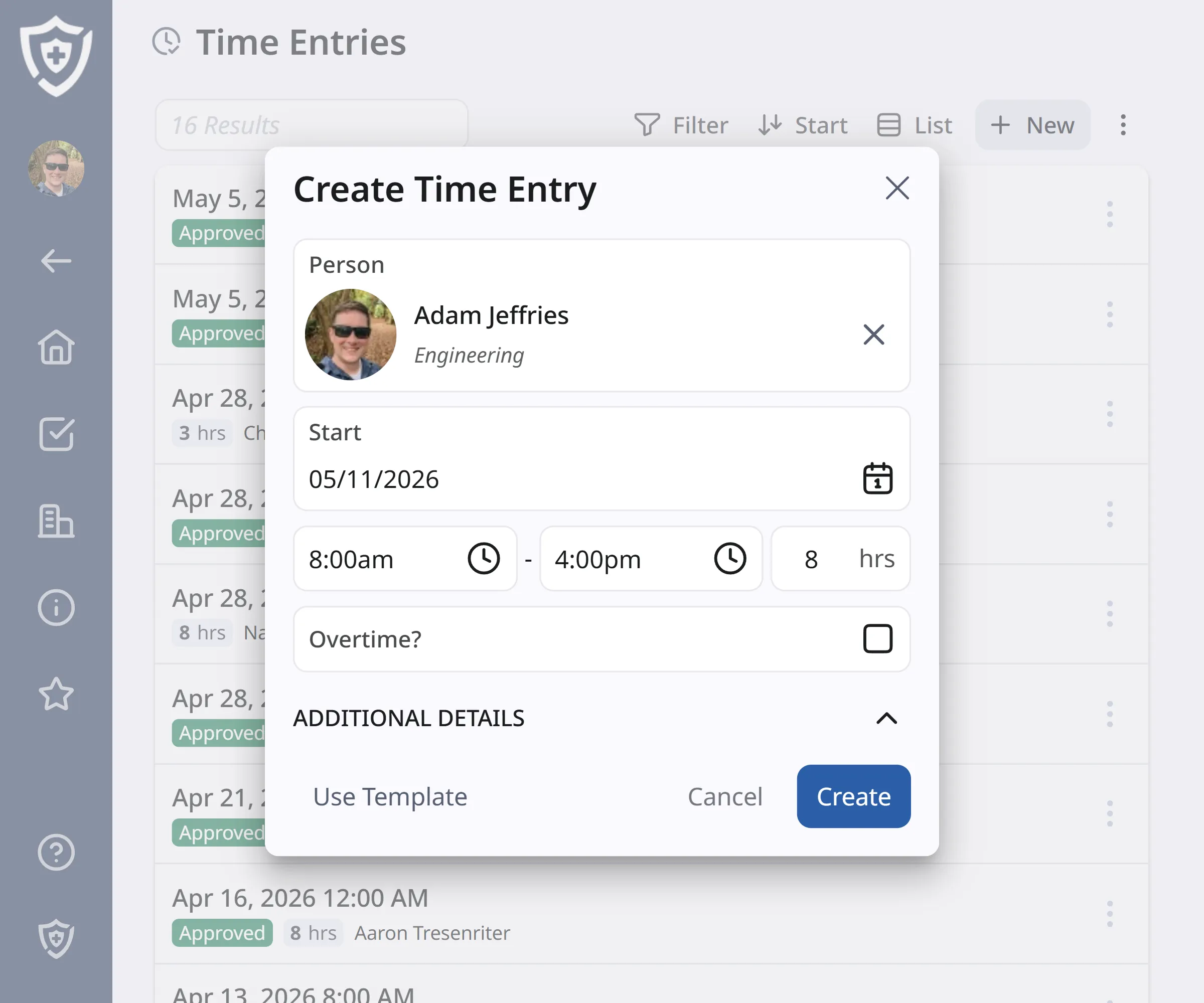 Screenshot of time entry create view