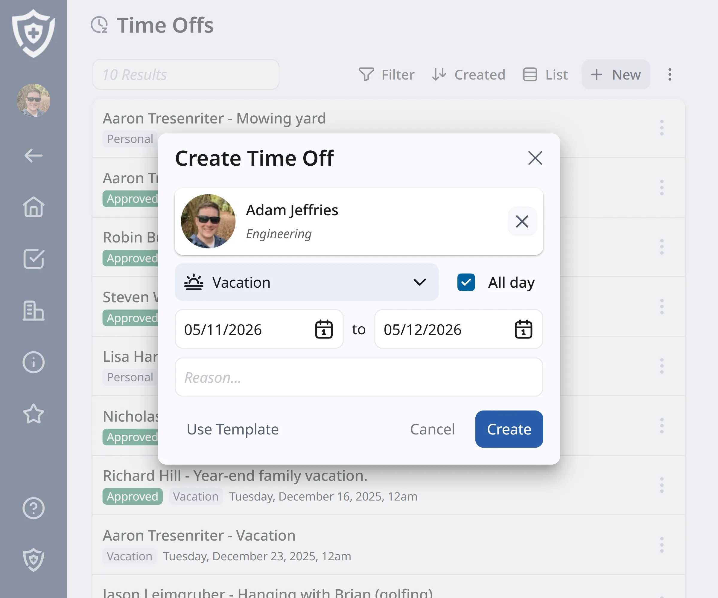 Screenshot of time off create view
