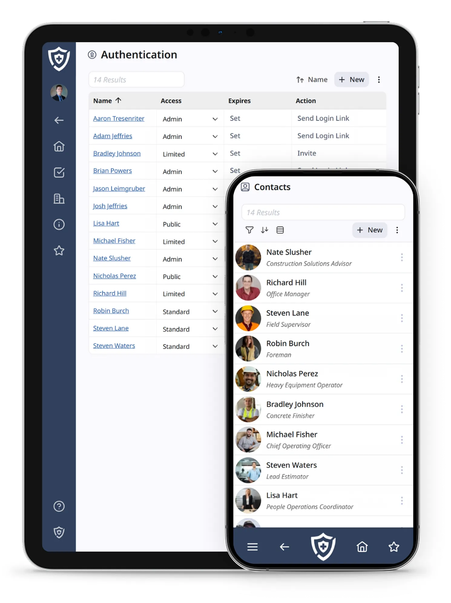 Screenshot of authentication and contacts pages on mobile devices
